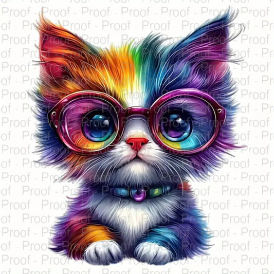 Rainbow Glasses Kitten DTF Transfer – Stunning Apparel Design for All Fabrics DTF Prints Style Junction