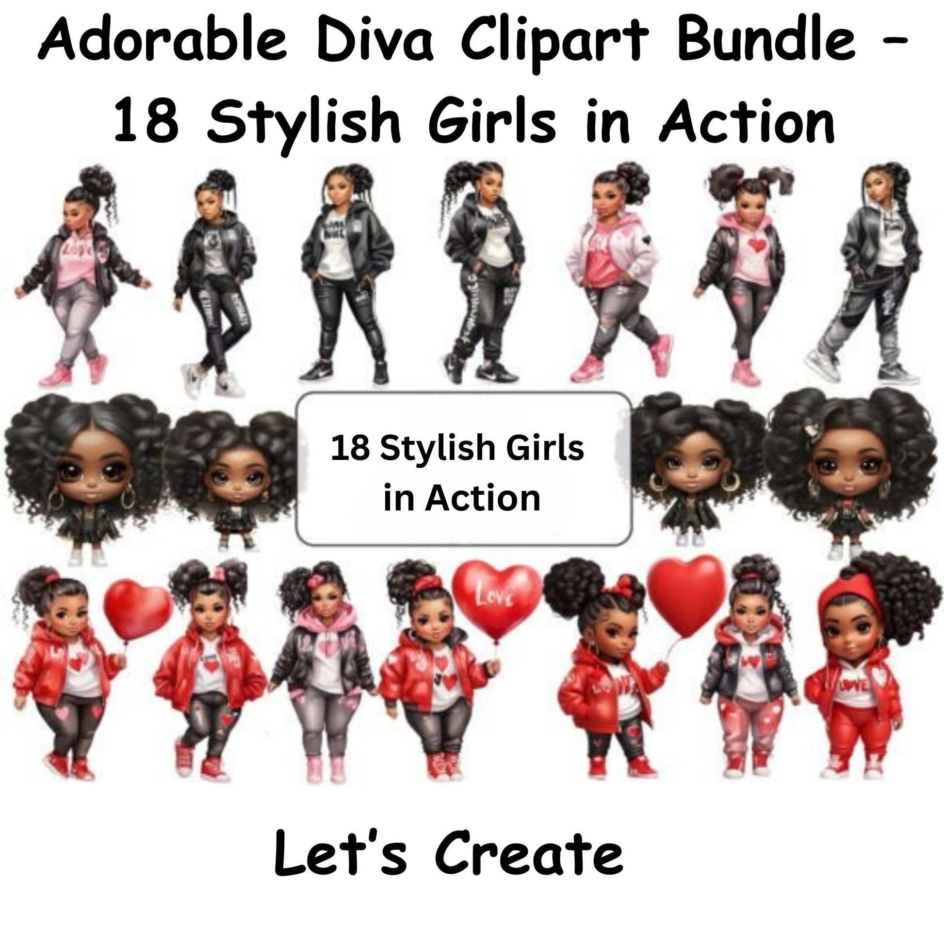 Adorable Diva Clipart Bundle – 18 Stylish Girls in Action-Digital Download Digital File Style-Junction Custom Designs & Prints