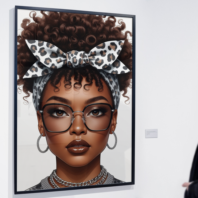 Curly Hair Black Girl Wall Art – Leopard Bow & Glasses Print Digital File Style-Junction Custom Designs & Prints