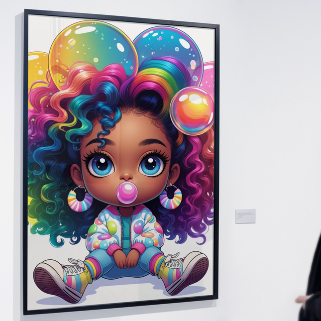 Curly-Haired Black Girl Wall Art – Rainbow Bubblegum Pop Style Digital File Style-Junction Custom Designs & Prints