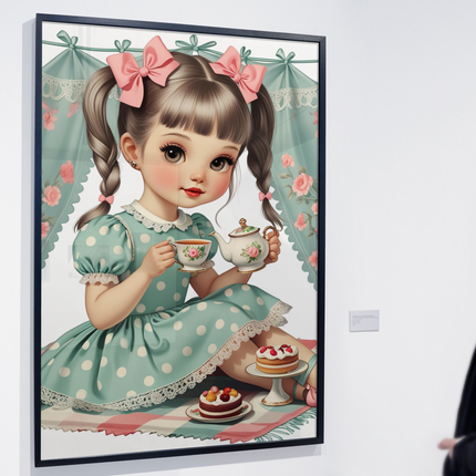 Retro Tea Party Girl Wall Art – Silver Hair & Polka Dot Dress Digital File Style-Junction Custom Designs & Prints