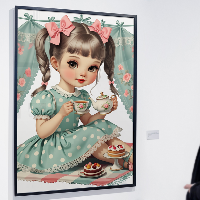 Retro Tea Party Girl Wall Art – Silver Hair & Polka Dot Dress Digital File Style-Junction Custom Designs & Prints