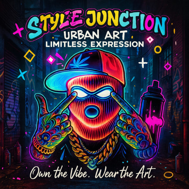 Graffiti Masked Street Art PNG by Style Junction Custom Digital Designs featuring neon tattooed hands and colorful snapback cap.