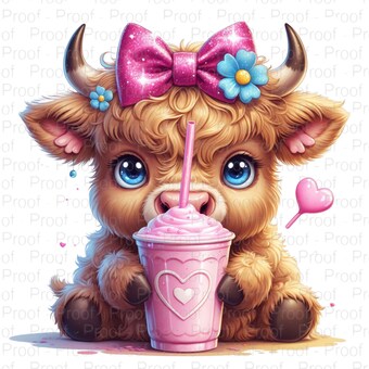 Cute Highland Cow Digital Download – Fluffy Baby Cow with Milkshake – PNG for T-Shirts, Stickers, Sublimation & More Digital File Style-Junction Custom Designs & Prints