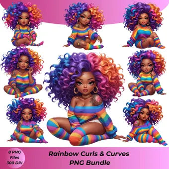 Rainbow Curls & Curves PNG Bundle | 8 Bold Black Women Clipart for Sublimation – High-Res Transparent Files for Shirts, Mugs More Digital File Style-Junction Custom Designs & Prints
