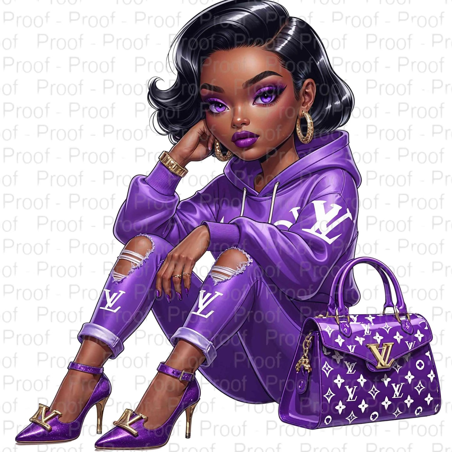 Luxury Purple Fashionista Digital Art | Stylish African American Illustration | High-Resolution Download Digital File Style-Junction Custom Designs & Prints