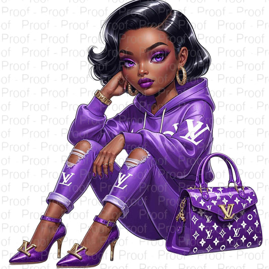 Luxury Purple Fashionista Digital Art | Stylish African American Illustration | High-Resolution Download Digital File Style-Junction Custom Designs & Prints