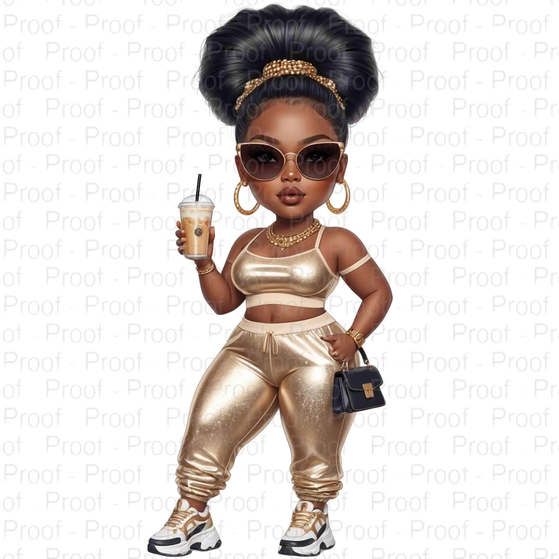 Luxury Black Girl Digital Clipart | Glamorous Afro Woman with Coffee | Fashionable Curvy Woman PNG | Gold Outfit Diva Illustration Digital File Style-Junction Custom Designs & Prints