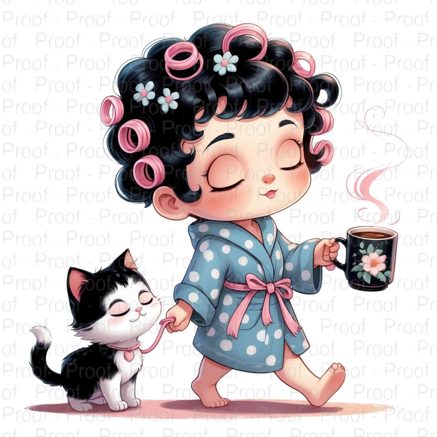 Retro Vintage Cartoon Girl with Coffee & Cat Digital Download | Cute Morning Coffee Clipart | Illustration | Instant Download PNG Digital File Style-Junction Custom Designs & Prints