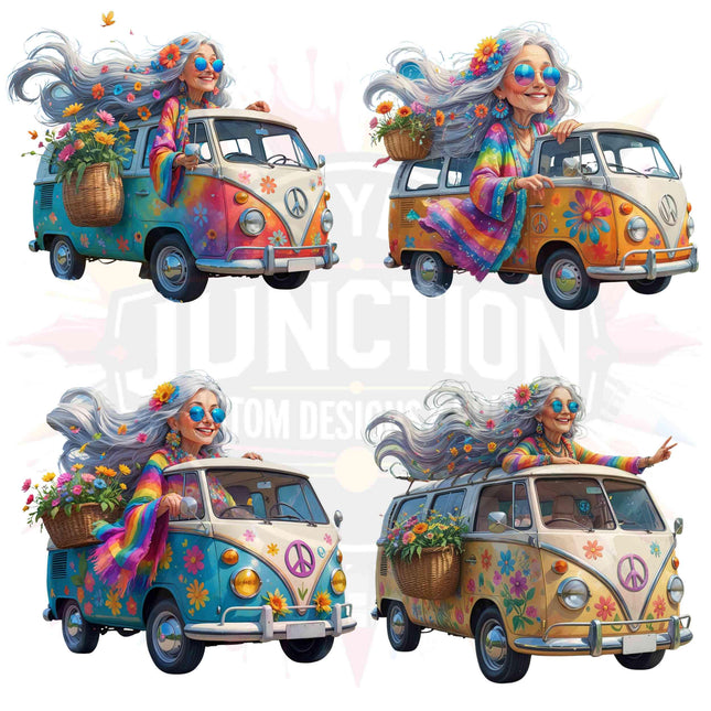Boho Hippie Van Digital Clipart Bundle of 4, Retro Floral Bus Digital File Style Junction – Custom Digital Designs & Apparel