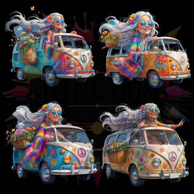 Boho Hippie Van Digital Clipart Bundle of 4, Retro Floral Bus Digital File Style Junction – Custom Digital Designs & Apparel