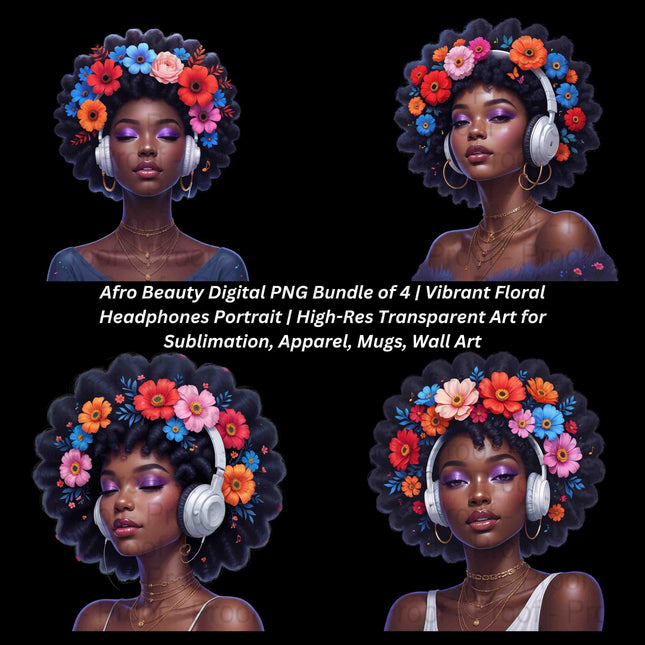 Afro Beauty Digital PNG Bundle of 4 | Vibrant Floral Headphones Portrait Digital File Style Junction – Custom Digital Designs & Apparel