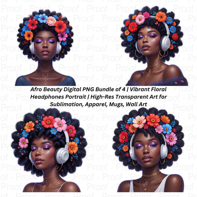 Afro Beauty Digital PNG Bundle of 4 | Vibrant Floral Headphones Portrait Digital File Style Junction – Custom Digital Designs & Apparel