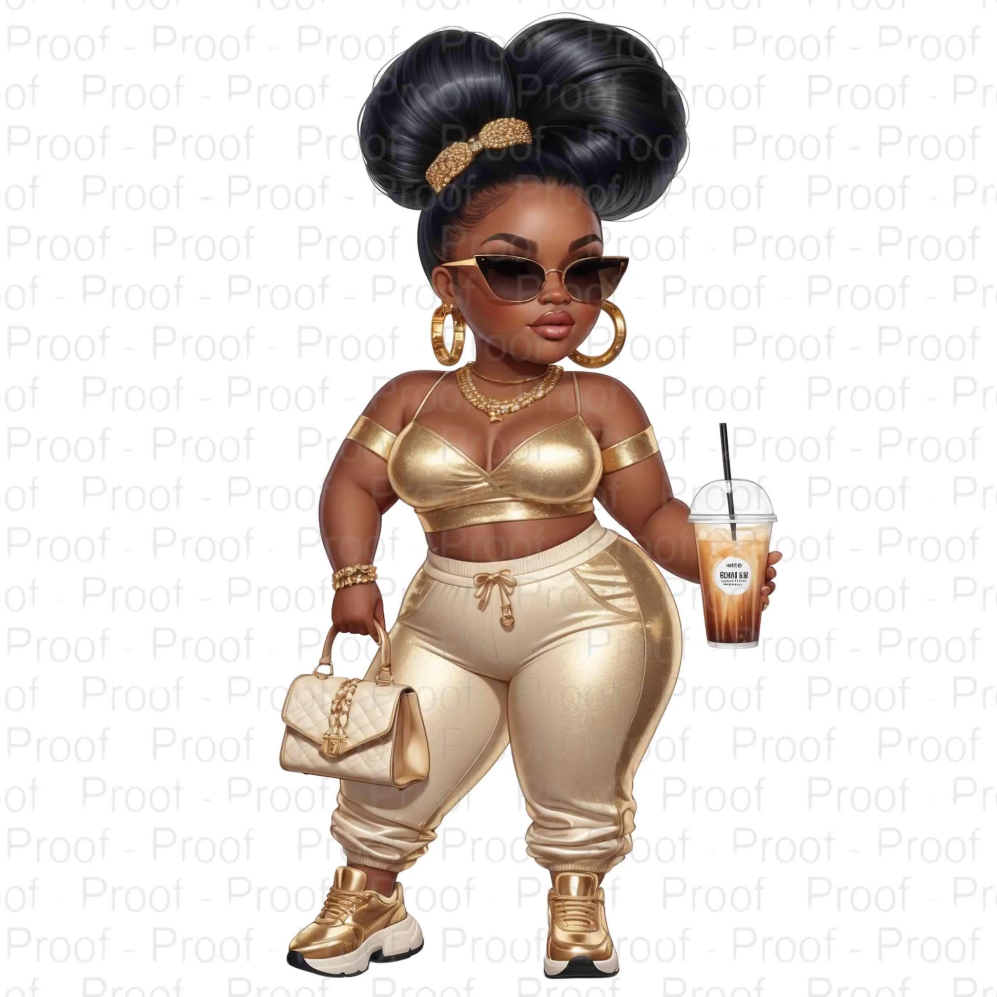 Luxury Black Girl Digital Clipart | Glamorous Afro Woman with Coffee | Fashionable Curvy Woman PNG | Gold Outfit Diva Illustration Digital File Style-Junction Custom Designs & Prints