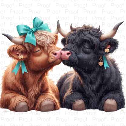 Highland Cow Love Digital Print | Cute Scottish Cows Kissing | Farmhouse Decor | Rustic Animal Art | PNG Instant Download Digital File Style-Junction Custom Designs & Prints