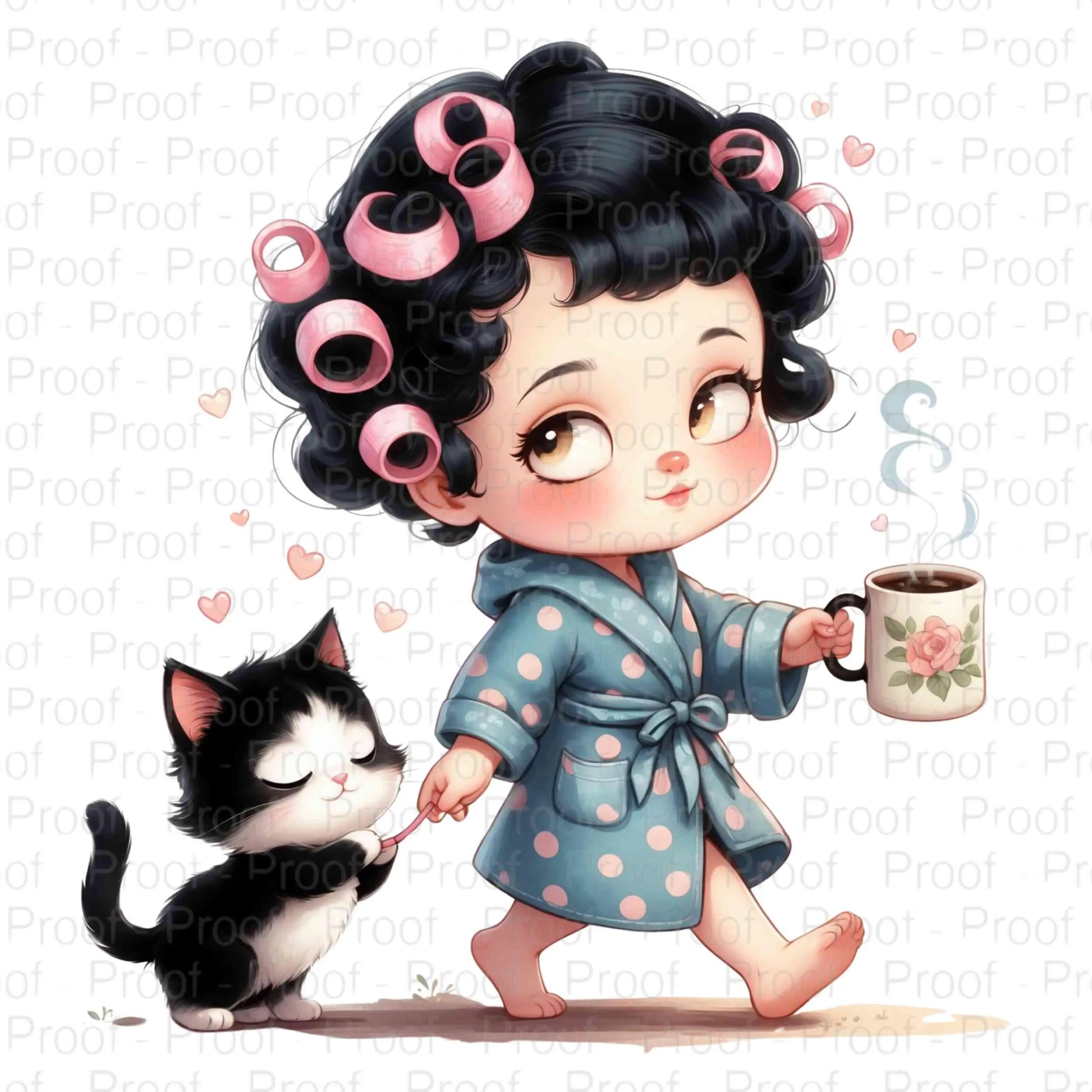 Retro Vintage Cartoon Girl with Coffee & Cat Digital Download | Cute Morning Coffee Clipart | Illustration | Instant Download PNG Digital File Style-Junction Custom Designs & Prints