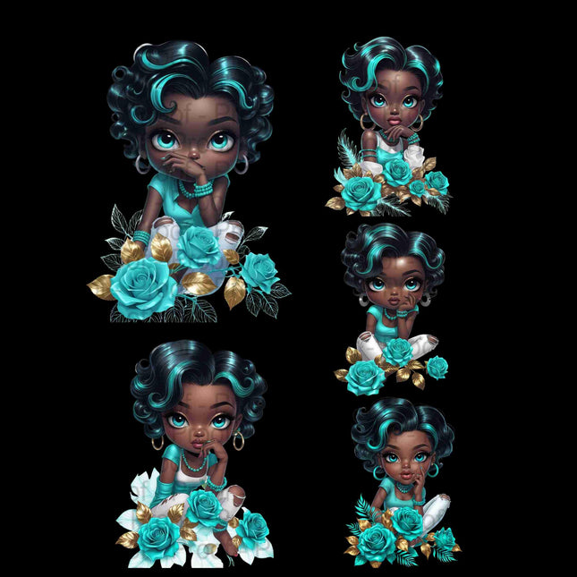 Stylish Black Girl Clipart Bundle of 5 with Turquoise Hair & Roses Digital File Style Junction – Custom Digital Designs & Apparel