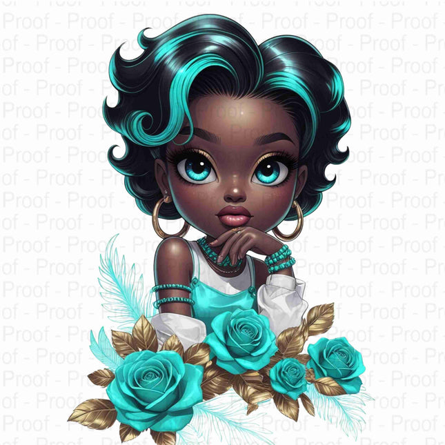 Stylish Black Girl Clipart Bundle of 5 with Turquoise Hair & Roses Digital File Style Junction – Custom Digital Designs & Apparel