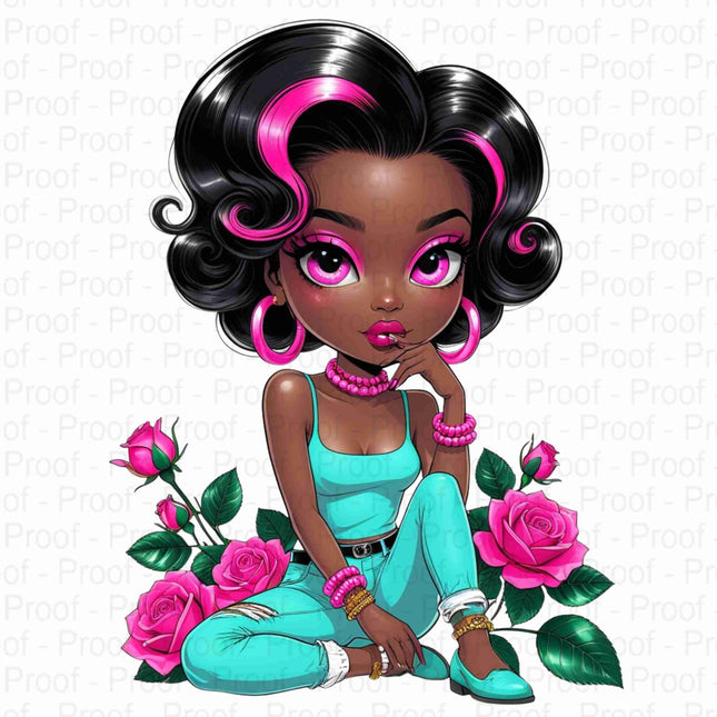 Curly Black Girl Clipart with Pink Highlights & Roses Bundle of 5 Digital File Style Junction – Custom Digital Designs & Apparel
