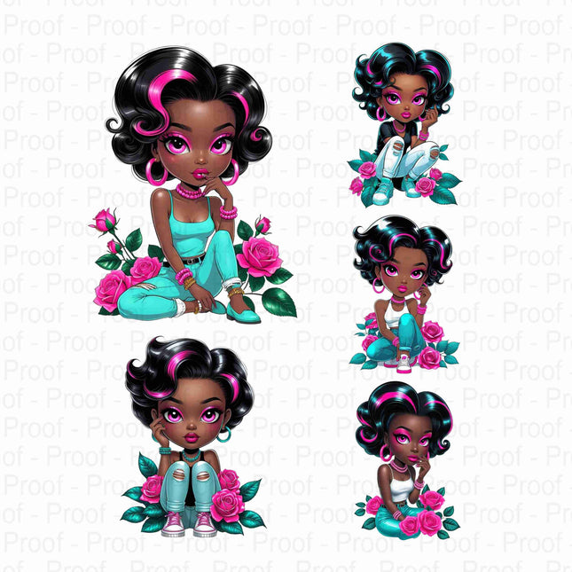 Curly Black Girl Clipart with Pink Highlights & Roses Bundle of 5 Digital File Style Junction – Custom Digital Designs & Apparel