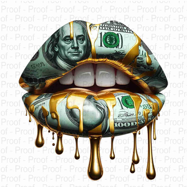 Money Lips PNG Bundle featuring glossy gold drip over detailed $100 bill lips from Style Junction Custom Digital Designs, exclusive creative artwork.