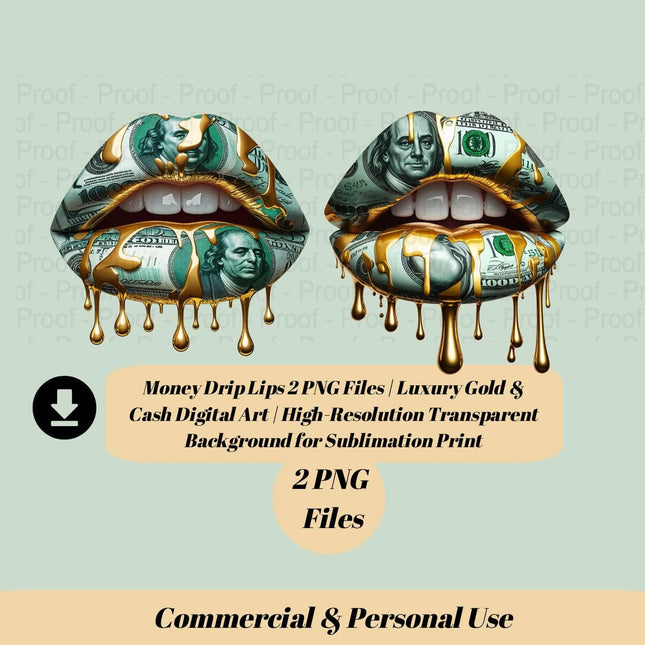 Money Lips PNG Bundle by Style Junction Custom Digital Designs featuring exclusive gold drip and $100 bill art, perfect for creative projects.