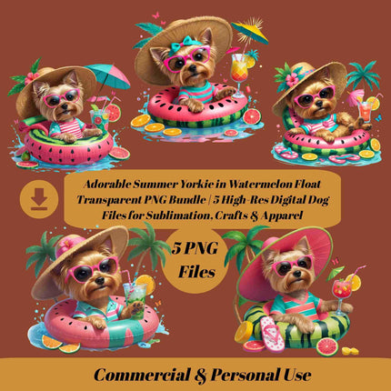 Adorable Summer Yorkie in Watermelon Float Transparent PNG Bundle of 5 Digital File Style Junction – Custom Digital Designs & Apparel