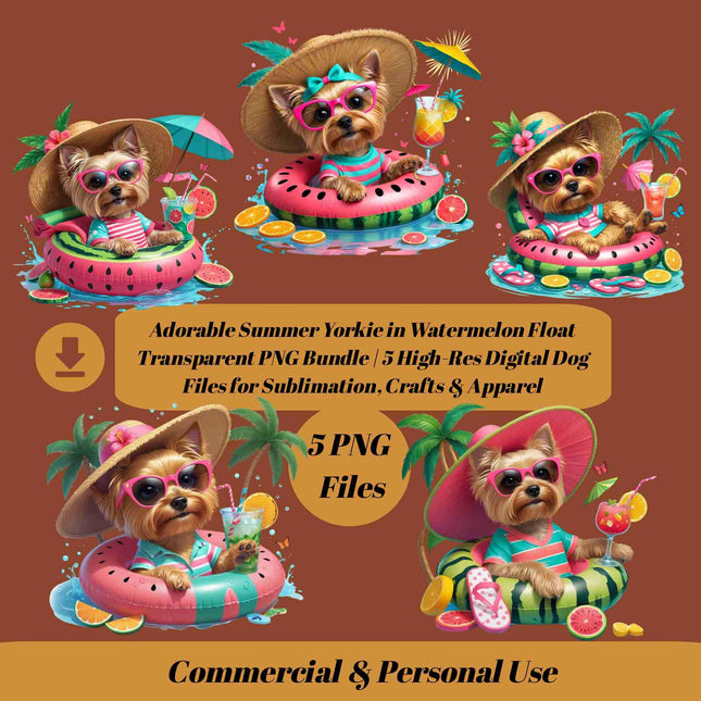 Adorable Summer Yorkie in Watermelon Float Transparent PNG Bundle of 5 Digital File Style Junction – Custom Digital Designs & Apparel