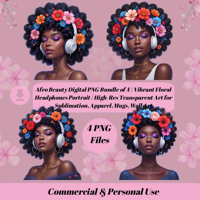 Afro Beauty Digital PNG Bundle of 4 | Vibrant Floral Headphones Portrait Digital File Style Junction – Custom Digital Designs & Apparel