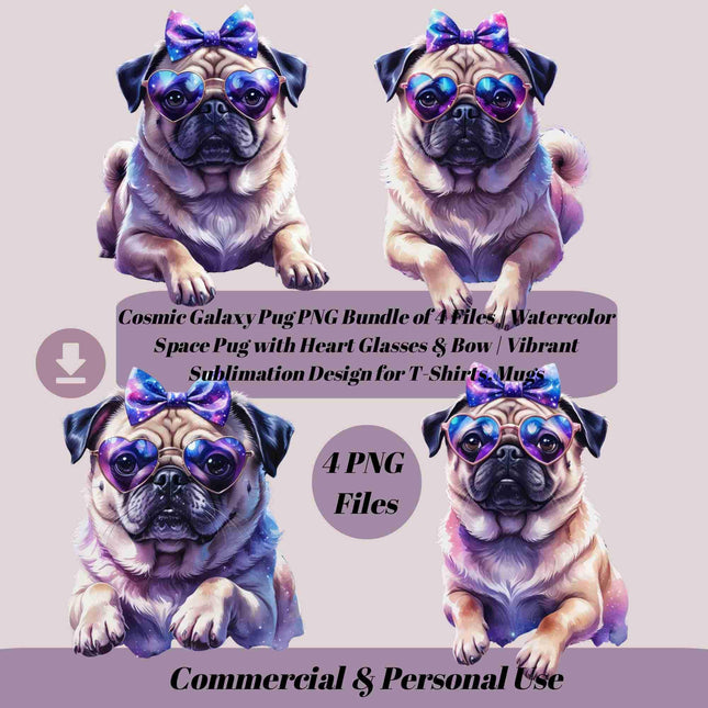 Cosmic Galaxy Pug PNG Bundle of 4 Files | Watercolor Space Pug Digital File Style Junction – Custom Digital Designs & Apparel