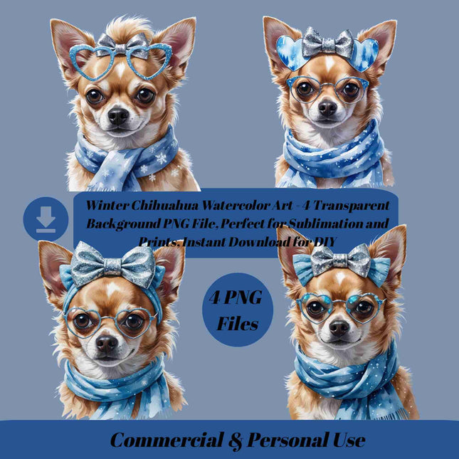 Winter Chihuahua Watercolor Art - 4 Transparent Background PNG Files Digital File Style Junction – Custom Digital Designs & Apparel