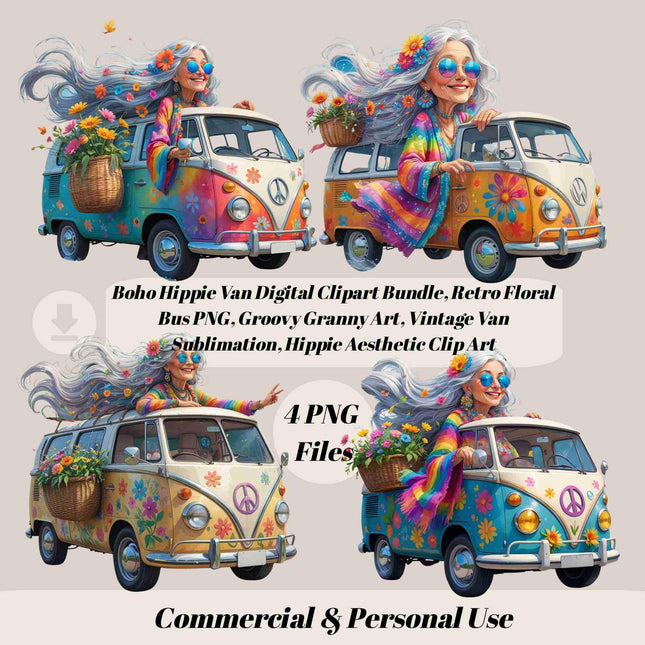 Boho Hippie Van Digital Clipart Bundle of 4, Retro Floral Bus Digital File Style Junction – Custom Digital Designs & Apparel