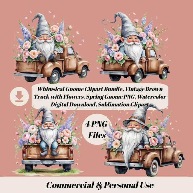Whimsical Gnome Clipart Bundle of 4 Vintage Brown Truck Digital File Style Junction – Custom Digital Designs & Apparel