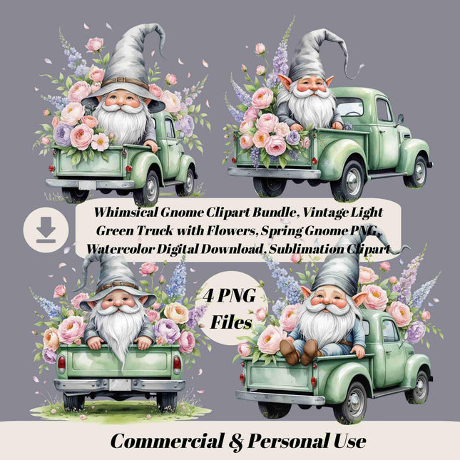 Whimsical Gnome Clipart Bundle of 4 Vintage Light Green Truck Digital File Style Junction – Custom Digital Designs & Apparel