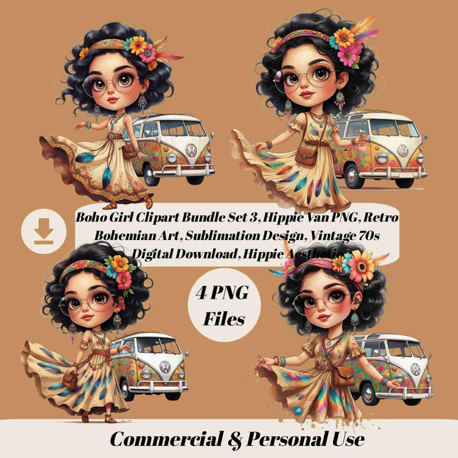 Boho Girl Clipart Bundle of 4 Set 3, Hippie Van PNG Digital File Style Junction – Custom Digital Designs & Apparel