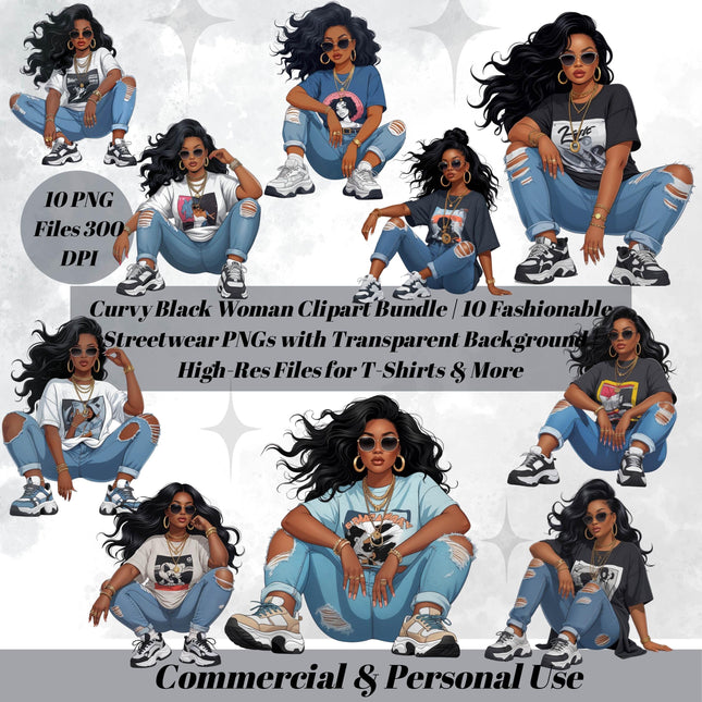 Curvy Black Woman Clipart Bundle | 10 Fashionable Streetwear PNGs Digital File Style Junction – Custom Digital Designs & Apparel