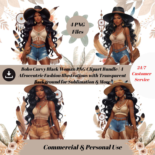 Boho Curvy Black Woman PNG Clipart Bundle of 4 Afrocentric Fashion Digital File Style Junction – Custom Digital Designs & Apparel