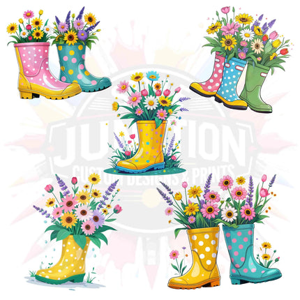 Floral Rain Boot PNGs – 5 Watercolor Spring Garden Clipart Files Digital File Style-Junction Custom Designs & Prints