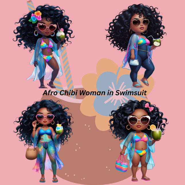 Curvy Afro Chibi Black Beach Girl Clipart Bundle of 12 PNG Files Digital File Style Junction – Custom Digital Designs & Apparel