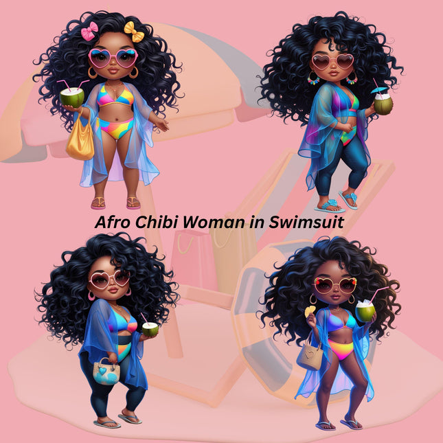 Curvy Afro Chibi Black Beach Girl Clipart Bundle of 12 PNG Files Digital File Style Junction – Custom Digital Designs & Apparel