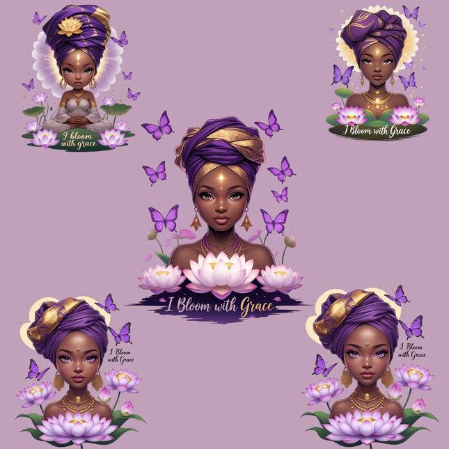I Bloom with Grace Purple Lotus African Woman PNG Bundle of 5 Digital File Style Junction – Custom Digital Designs & Apparel