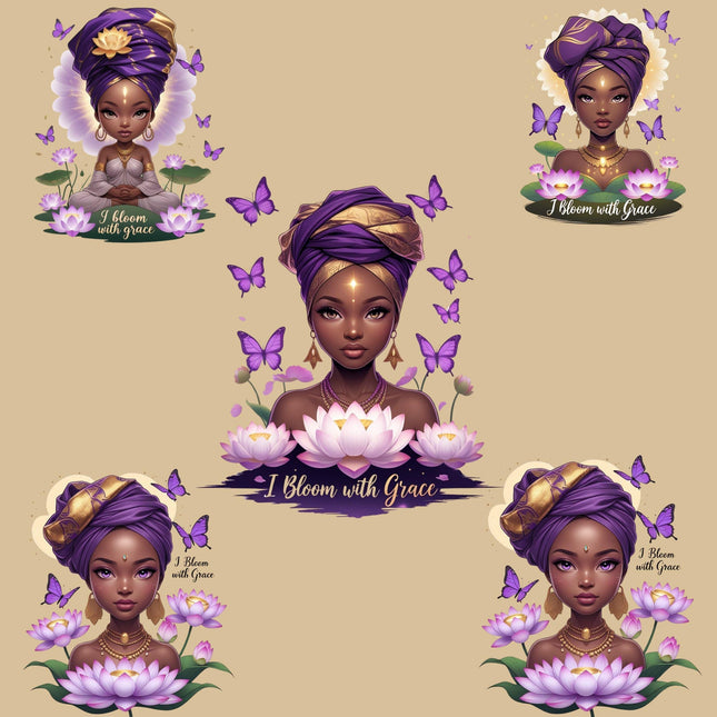 I Bloom with Grace Purple Lotus African Woman PNG Bundle of 5 Digital File Style Junction – Custom Digital Designs & Apparel