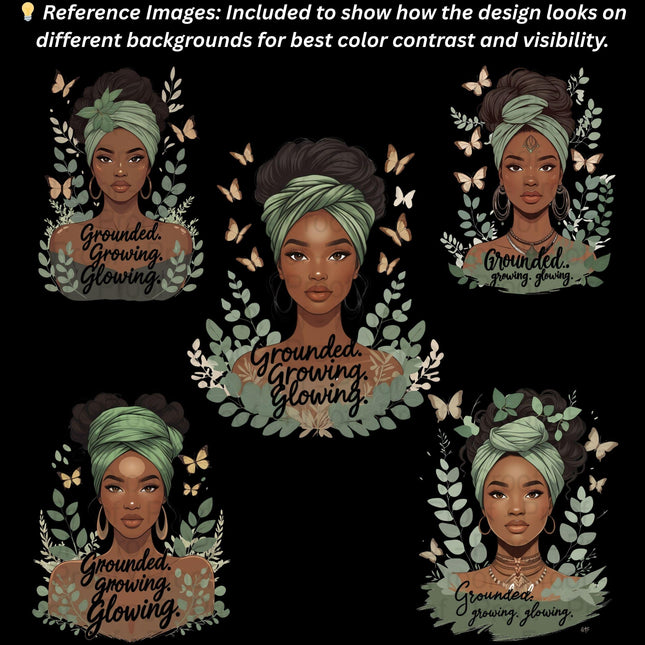 Boho Queen PNG Bundle of 5 High-Res “Grounded. Growing. Glowing Digital File Style Junction – Custom Digital Designs & Apparel
