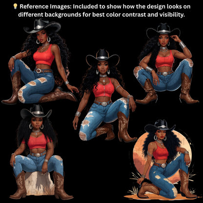 Desert Sunset Sistas Cowgirl PNG Bundle | 5 Black Cowgirl Clipart Illustrations | Transparent PNGs for Sublimation T-Shirts, Mugs. Digital File Style-Junction Custom Designs & Prints