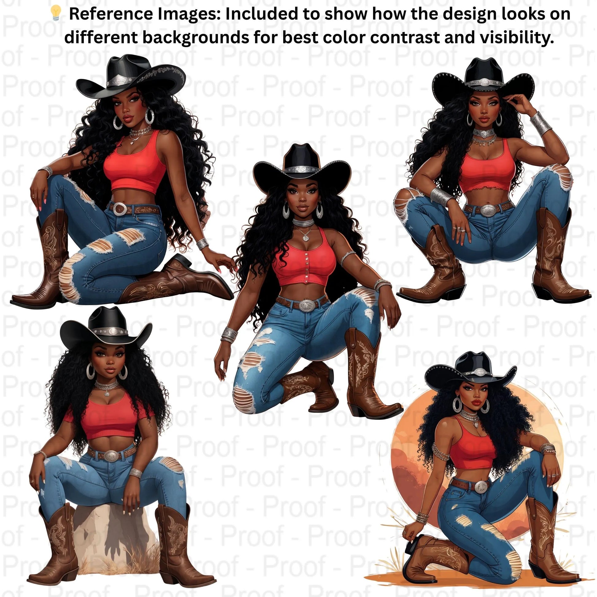 Desert Sunset Sistas Cowgirl PNG Bundle | 5 Black Cowgirl Clipart Illustrations | Transparent PNGs for Sublimation T-Shirts, Mugs. Digital File Style-Junction Custom Designs & Prints