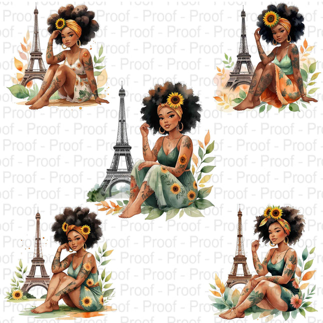 Watercolor Afro Girl in Paris PNG Bundle of 5 Digital File Style Junction – Custom Digital Designs & Apparel