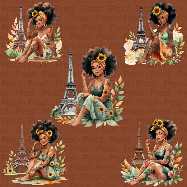 Watercolor Afro Girl in Paris PNG Bundle of 5 Digital File Style Junction – Custom Digital Designs & Apparel