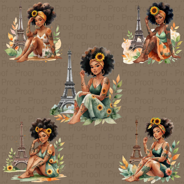 Watercolor Afro Girl in Paris PNG Bundle of 5 Digital File Style Junction – Custom Digital Designs & Apparel