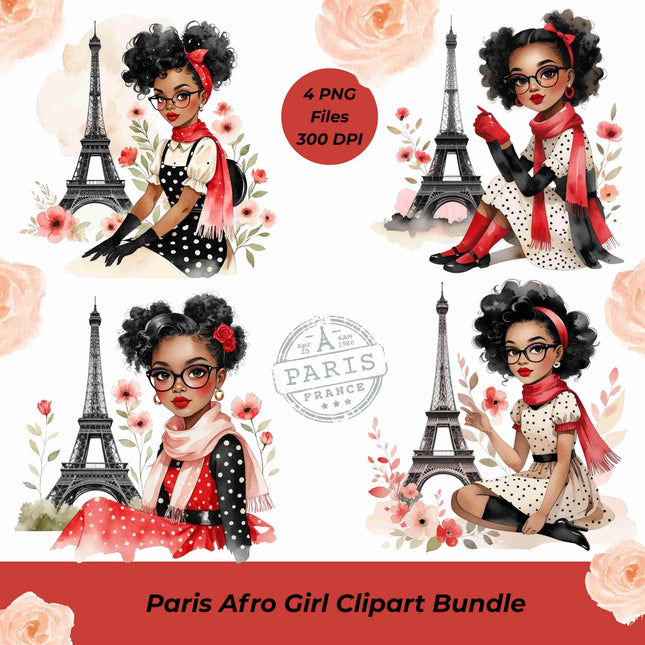 Paris Afro Girl Clipart Bundle of 4 Chic Black Girl PNGs with Eiffel Tower Digital File Style Junction – Custom Digital Designs & Apparel