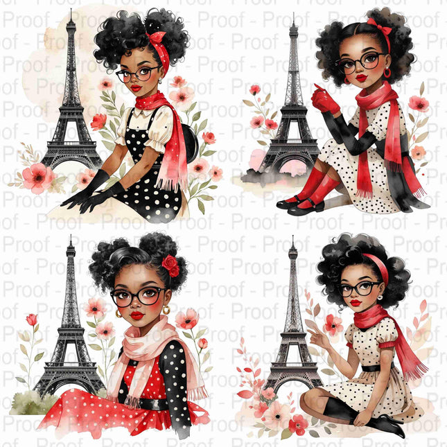 Paris Afro Girl Clipart Bundle of 4 Chic Black Girl PNGs with Eiffel Tower Digital File Style Junction – Custom Digital Designs & Apparel